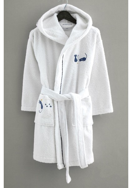 Alexis Beyaz Pamuklu 7-8 Yaş Nakışlı Kapşonlu Çocuk Bornoz