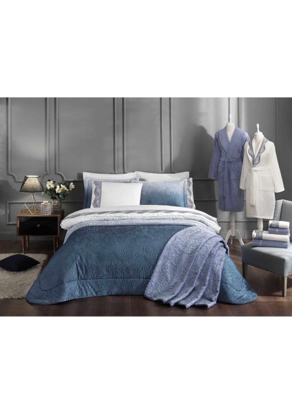 Helezon Lacivert Çift Kişilik Evlilik Düğün Çeyiz Seti 16 Parça