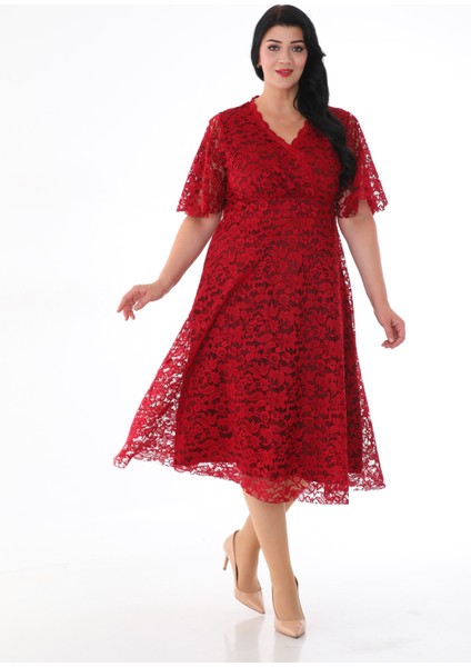 Kadın Dantelli Kruvaze Yaka Yarım Kol Midi Abiye