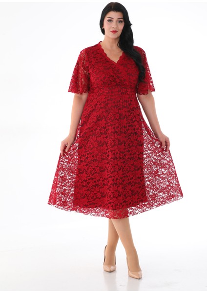 Kadın Dantelli Kruvaze Yaka Yarım Kol Midi Abiye fiyatları