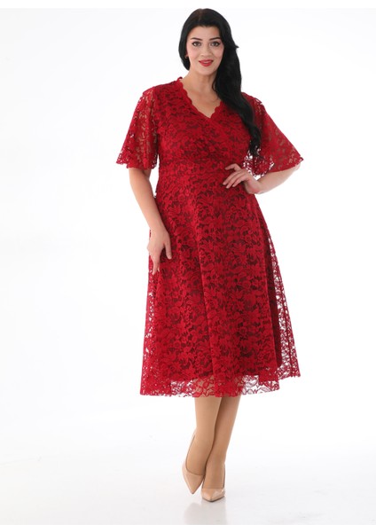 Kadın Dantelli Kruvaze Yaka Yarım Kol Midi Abiye indirimleri