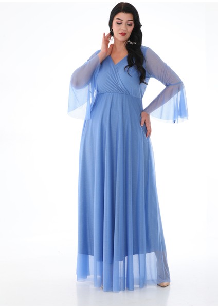 Kadın Simli Tül Kruvaze Yaka Uzun Kol Uzun Abiye fiyatları