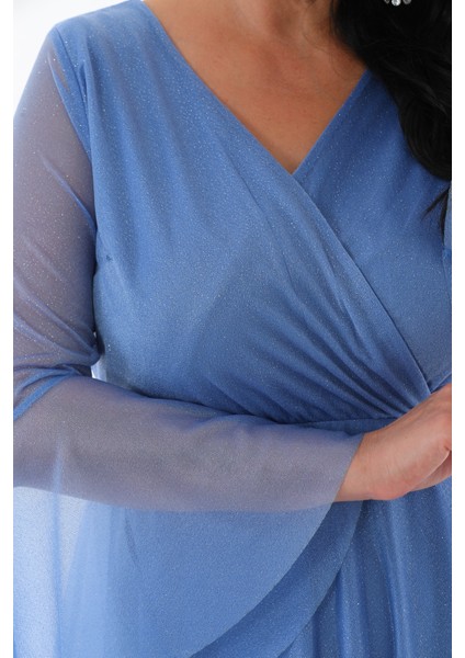 Kadın Simli Tül Kruvaze Yaka Uzun Kol Uzun Abiye modelleri