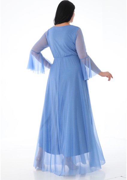 Kadın Simli Tül Kruvaze Yaka Uzun Kol Uzun Abiye fırsatları