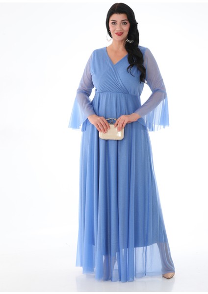 Kadın Simli Tül Kruvaze Yaka Uzun Kol Uzun Abiye indirimleri