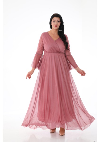 Kadın Simli Tül Kruvaze Yaka Uzun Kol Uzun Abiye