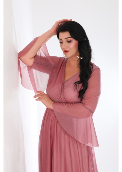 Kadın Simli Tül Kruvaze Yaka Uzun Kol Uzun Abiye fiyatları