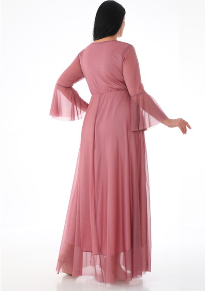 Kadın Simli Tül Kruvaze Yaka Uzun Kol Uzun Abiye modelleri