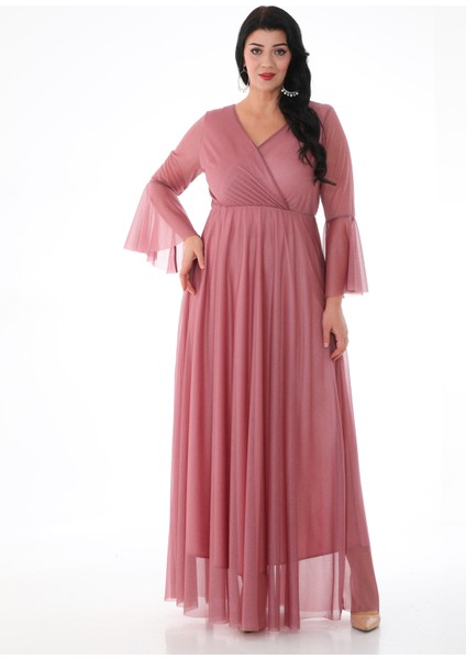 Kadın Simli Tül Kruvaze Yaka Uzun Kol Uzun Abiye fırsatları