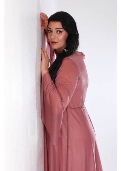 Kadın Simli Tül Kruvaze Yaka Uzun Kol Uzun Abiye indirimleri