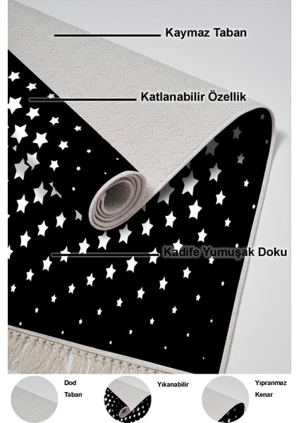 Dijital Salon Halısı Trend Keçe Kaymaz Taban Saçaklı Modern Willow Siyah indirimleri