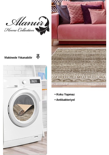Dijital Salon Halısı Yıldız Deri Kaymaz Taban Saçaklı Iskandinav Liz Kahve