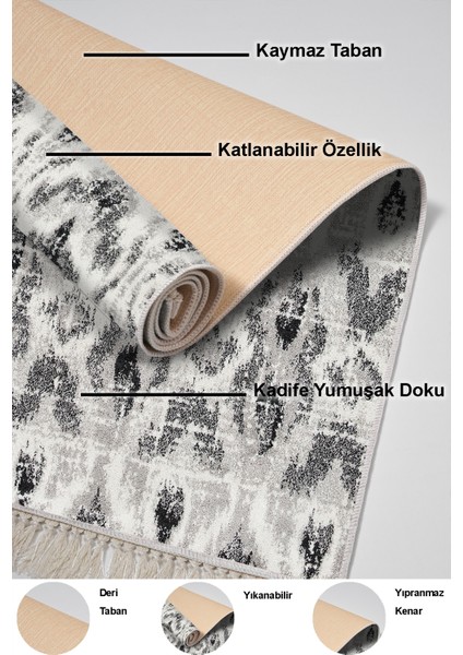 Dijital Salon Halısı Yıldız Deri Kaymaz Taban Saçaklı Iskandinav Annika Gri