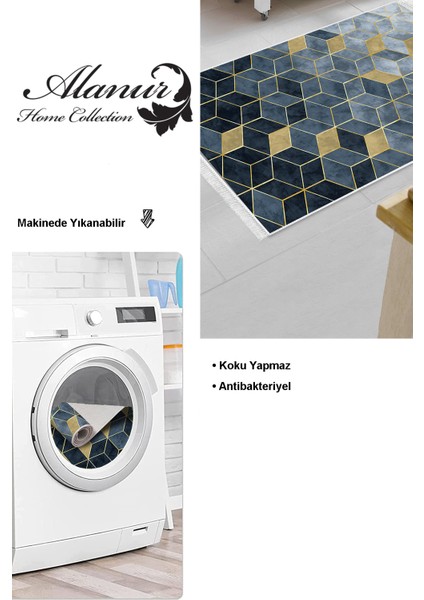 Dijital Mutfak Halısı Trend Keçe Kaymaz Taban Saçaklı Iskandinav Stephania Mavi