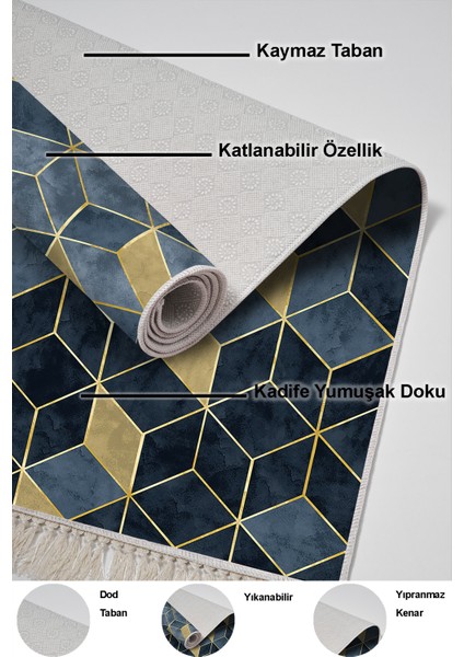 Dijital Mutfak Halısı Trend Keçe Kaymaz Taban Saçaklı Iskandinav Stephania Mavi