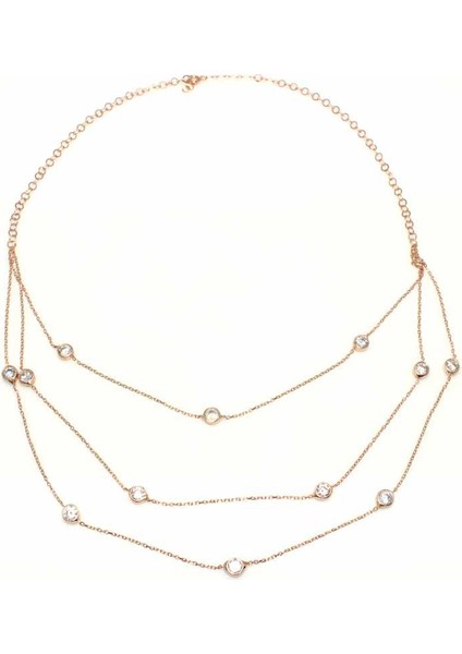 925 Ayar Gümüş Üç Sıra Zincirli Kolye, Pembe - Beyaz Taş