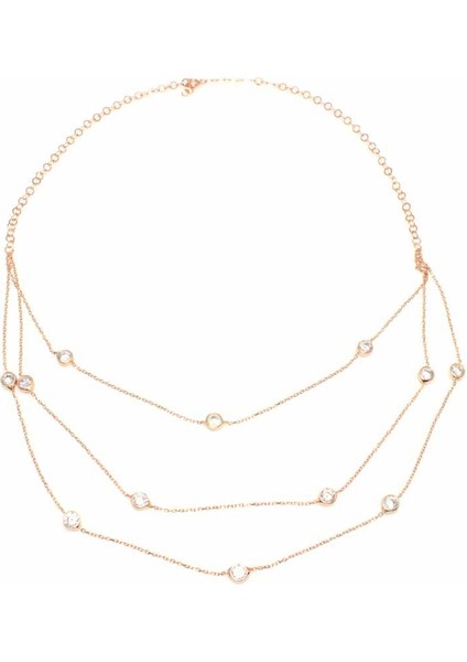 925 Ayar Gümüş Üç Sıra Zincirli Kolye, Pembe - Beyaz Taş fiyatları