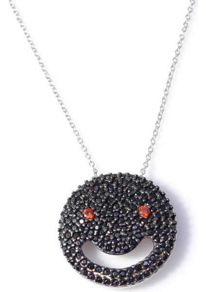 925 Ayar Gümüş Gülen Yüz Kolye, Beyaz - Siyah Kırmızı Taş