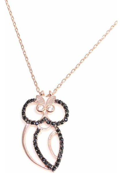 925 Ayar Gümüş Baykuş Kolye, Pembe - Siyah Beyaz Taş