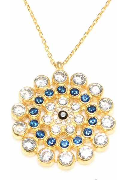 925 Ayar Gümüş Yuvarlak Taşlı Kolye, Sarı - Siyah Mavi Beyaz Taş fırsatları