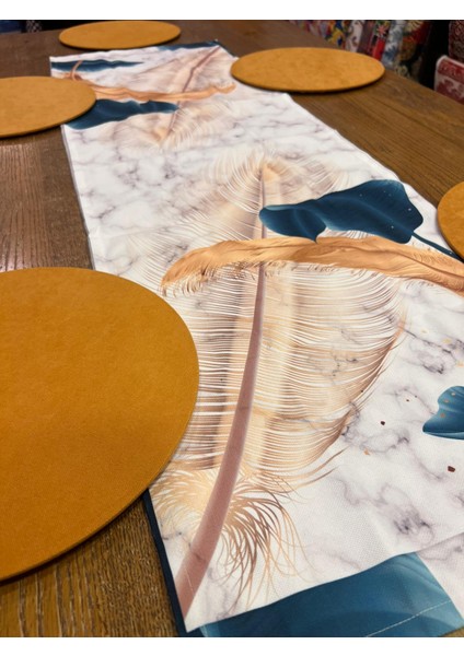 Tuğçe Demir Home Design Gold Turkuaz Yaprak Desen Runner Supla Set