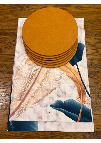 Tuğçe Demir Home Design Gold Turkuaz Yaprak Desen Runner Supla Set