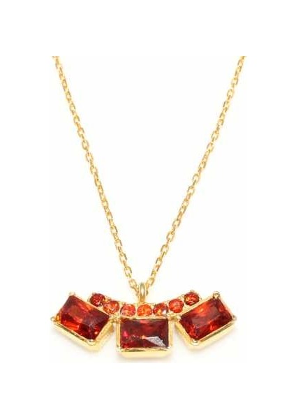 925 Ayar Gümüş 3 Taşlı Kolye, Sarı- Ateş Kırmızı Taş