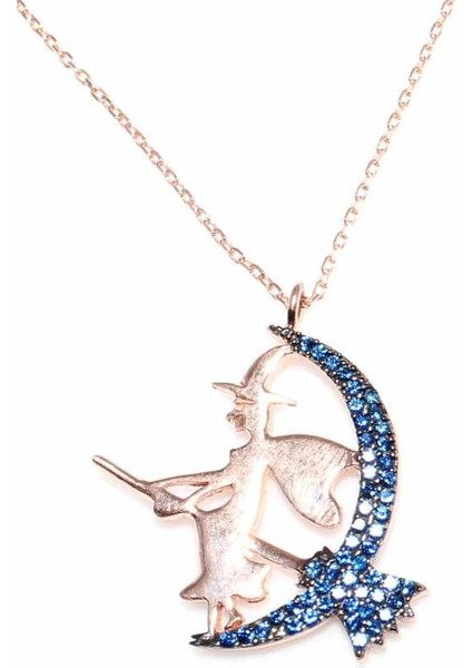 925 Ayar Gümüş Süpürgeli Cadı Kolye, Pembe - Mavi Taş