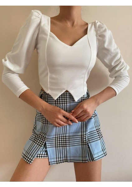 Kadın Kalp Yaka Uzun Kol Crop Bluz