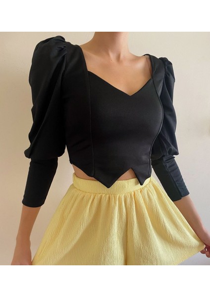 Kadın Kalp Yaka Uzun Kol Crop Bluz fiyatları