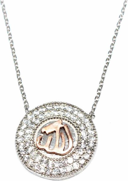 925 Ayar Gümüş Daire Allah Lafzı Kolye, Beyaz Taş modelleri