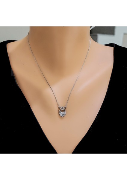 925 Ayar Gümüş Fiyonklu Kalp Kolye, Beyaz - Beyaz Taş