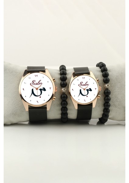 Sabr Beyaz Zemin Gold Çift Kol Saati Set Bileklik Hediye Bay Bayan