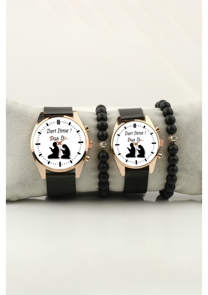 Dert Etme Dua Et Gold Kasa Çift Kol Saati Set Bileklik Hediye Bay Bayan