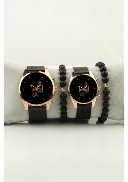 Tevhid Gold Yazılı Tasarım Gold Kasa Çift Kol Saati Set Bileklik Hediye Bay Bayan