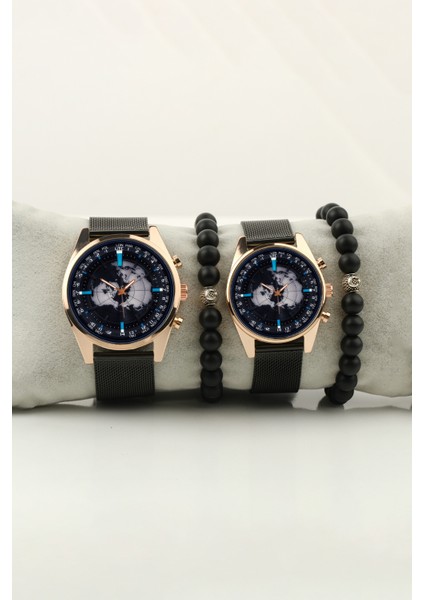 Pusula Dünya Tasarım Gold Kasa Çift Kol Saati Set Bileklik Hediye Bay Bayan