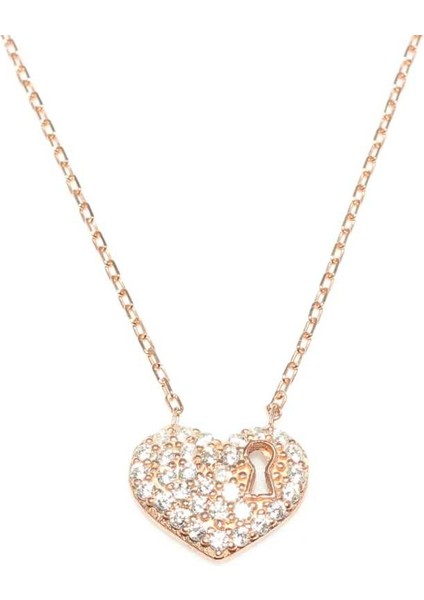 925 Ayar Gümüş Kalp Anahtar Deliği Kolye, Beyaz Taş