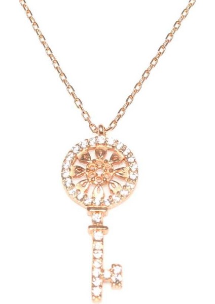 925 Ayar Gümüş Yuvarlak Anahtar Kolye, Beyaz - Beyaz Taş fiyatları