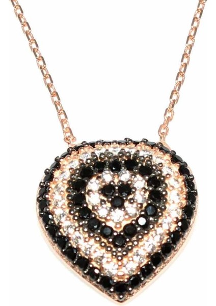 925 Ayar Gümüş Nazar Kalp Kolye Pembe - Siyah Beyaz Taş fiyatları