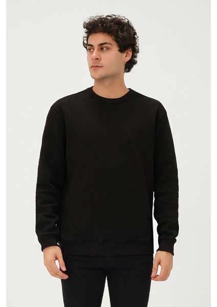 Erkek Bisiklet Yaka Regular/Standart Fit Içi Pamuklu 3 Iplik Şardonlu Siyah Sweatshirt