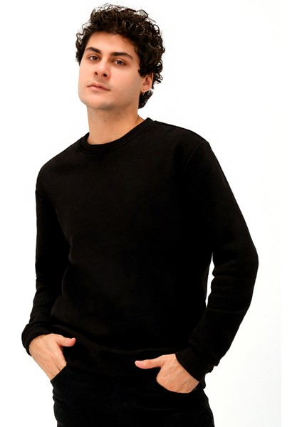 Erkek Bisiklet Yaka Regular/Standart Fit Içi Pamuklu 3 Iplik Şardonlu Siyah Sweatshirt fiyatları