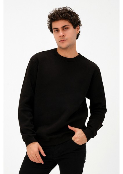 Erkek Bisiklet Yaka Regular/Standart Fit Içi Pamuklu 3 Iplik Şardonlu Siyah Sweatshirt fırsatları