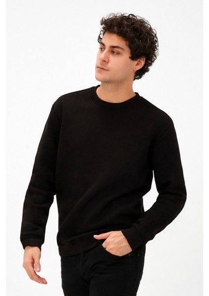 Erkek Bisiklet Yaka Regular/Standart Fit Içi Pamuklu 3 Iplik Şardonlu Siyah Sweatshirt indirimleri