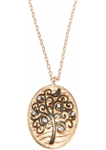 925 Ayar Gümüş Desenli Hayat Ağacı Kolye, Pembe - Beyaz Taş