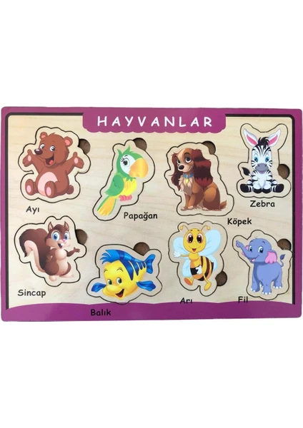 Karanes Toys Ahşap Bultak Puzzle 8 Parça Arka Yüzü Yazı Tahtalı Yapboz Hayvanlar