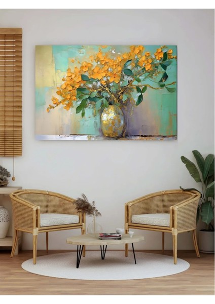 Yağlı Boya Görünümlü Golden Çiçek Kanvas Tablo AR030410