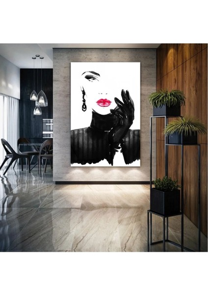 Kırmızı Rujlu Eli Çenesinde Duran Güzel Kadın Kuaför Makyaj Dekor Kanvas Tablo AR030117