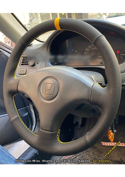 Honda Civic 98-2002 Ies Kasa Araca Özel Direksiyon Kılıfı (Alcantra Noktalı Sarı Dikişli)