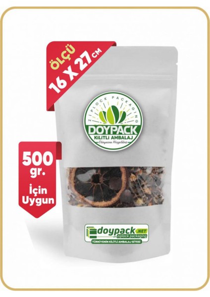 Beyaz Kraft Pencereli Kilitli Doypack 16X27 (500 Gr.) - 100 Adet