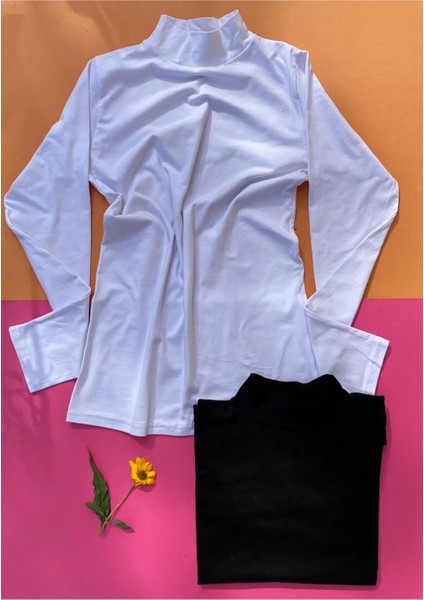 Pamuklu 2'li Siyah ve Beyaz Renk Uzun Kol Çıtçıtlı Kancalı T-Shirt-Atlet